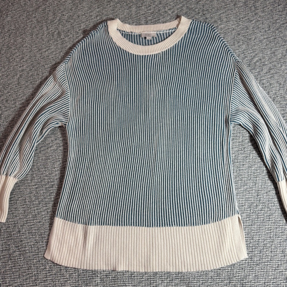 Loft Outlet Womens Large Teal Cream Striped Ribbed Knit Pullover Sweater Slits